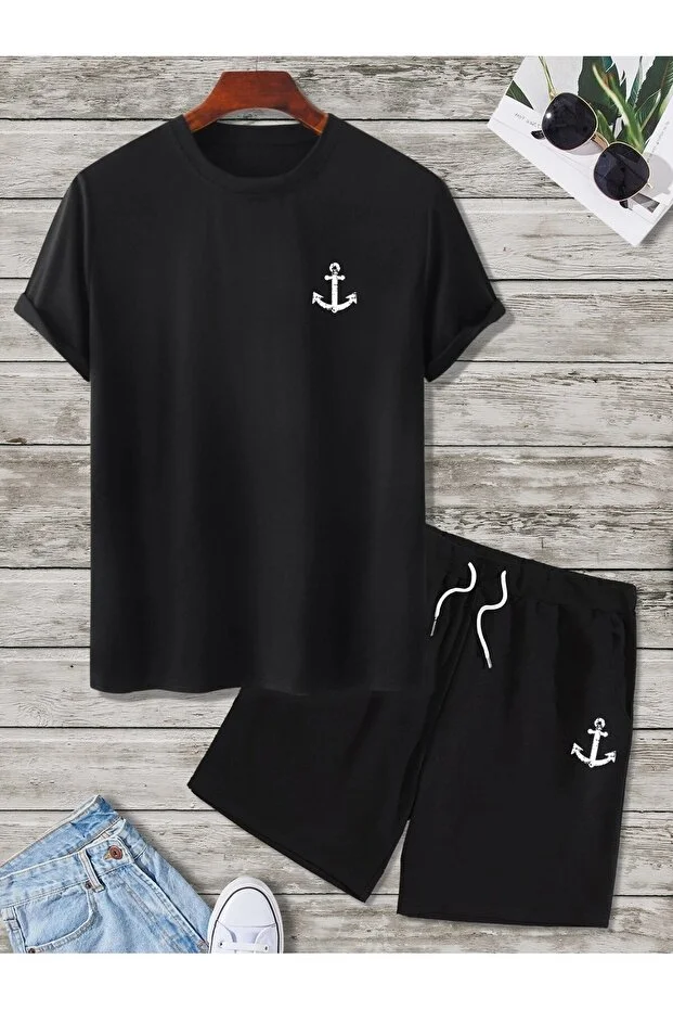 Erkek T-Shirt Şort - Şortlu Tişört Alt Üst Takım King Baskılı Bisiklet Yaka